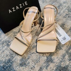 Azazie Nude Strappy Block Heels with Square Toe